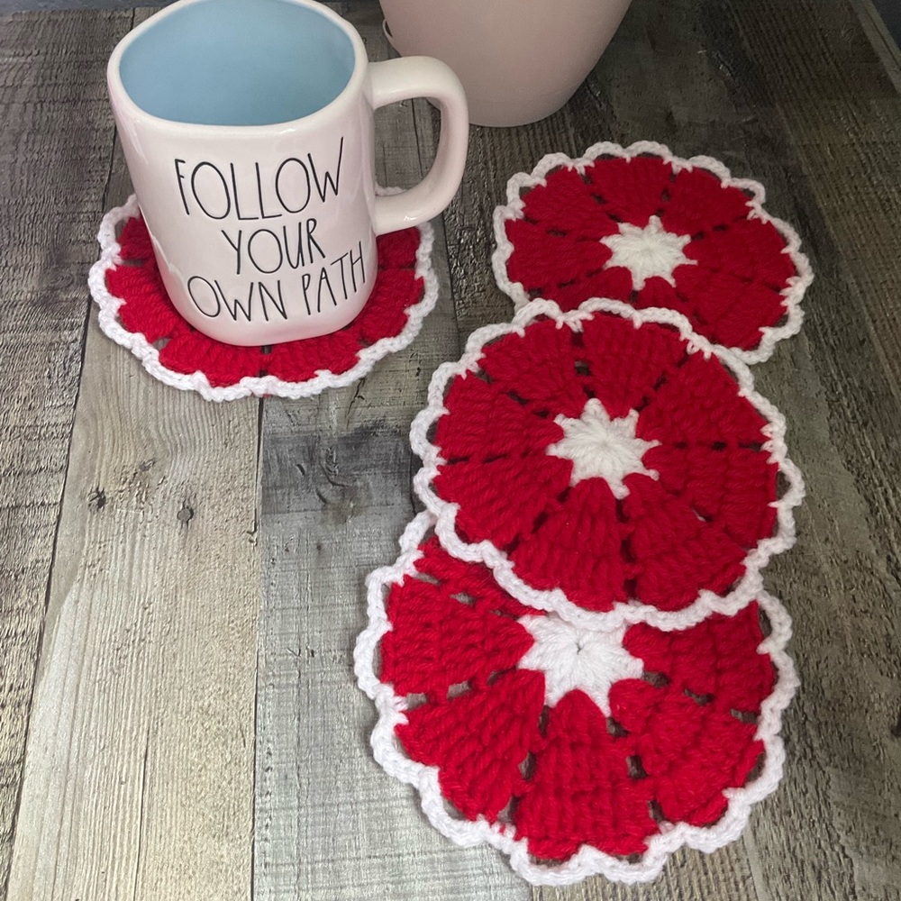 Handmade Crochet Valentine’s Day Heart Coasters 4 Pack - Picture 3 of 7